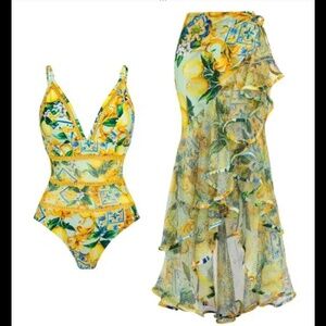 Yellow Lemon-Print One-Piece Swimsuit with Matching Sarong